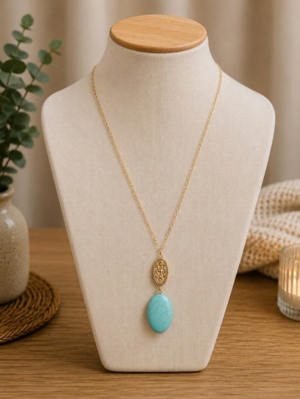 Genuine Chinese Turquoise Pendant Necklace | Gold Tone | Natural Gemstone